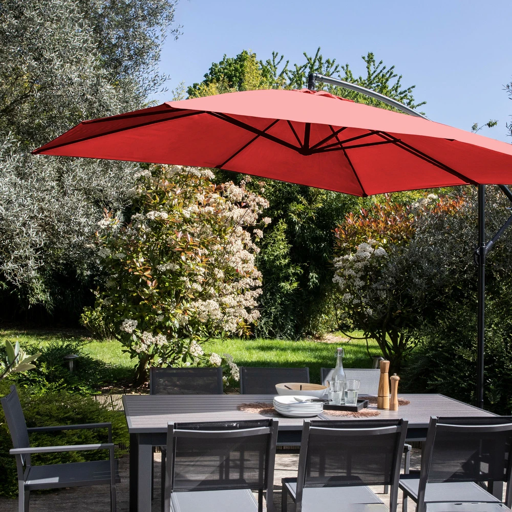Parasol Déporté 3x3m Et 4 Dalles à Lestées Aluminium Rouge 2 Parasol Déporté 3x3m Et 4 Dalles à Lestées Aluminium Rouge – Image 2