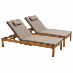 Lot De 2 Bains De Soleil Avec Coussin Et Tablette En Bois Taupe