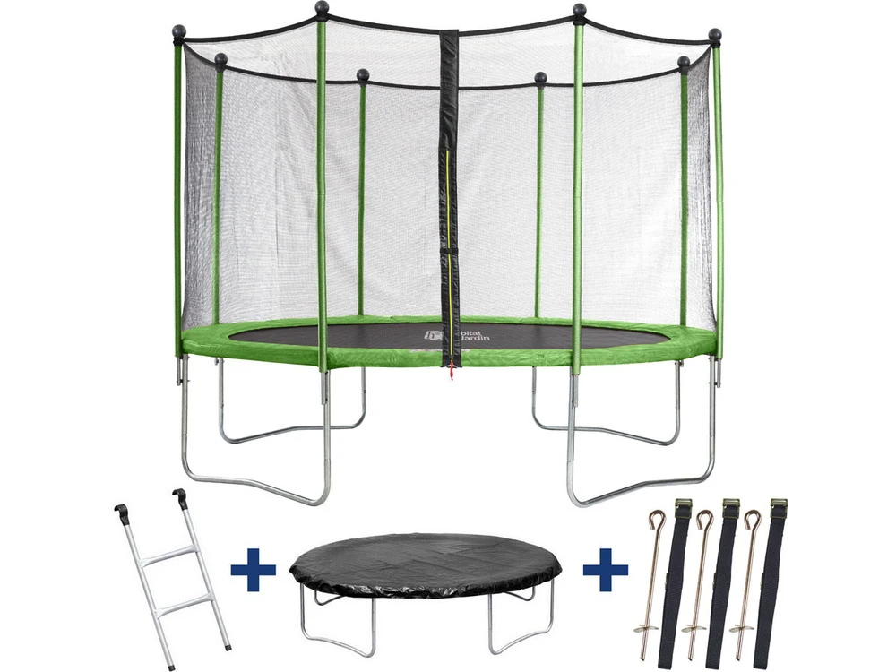 Trampoline " Yoopi " - ø 4.25 M - Avec Filet + Echelle + Couverture + Kit D'ancrage 1 Trampoline " Yoopi " - ø 4.25 M - Avec Filet + Echelle + Couverture + Kit D'ancrage