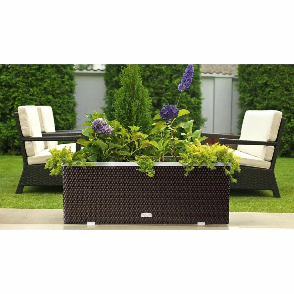 Jardinière En Résine Tressée Avec Cadre En Aluminium 98 X 25 X 34 Cm 2 Jardinière En Résine Tressée Avec Cadre En Aluminium 98 X 25 X 34 Cm – Image 2