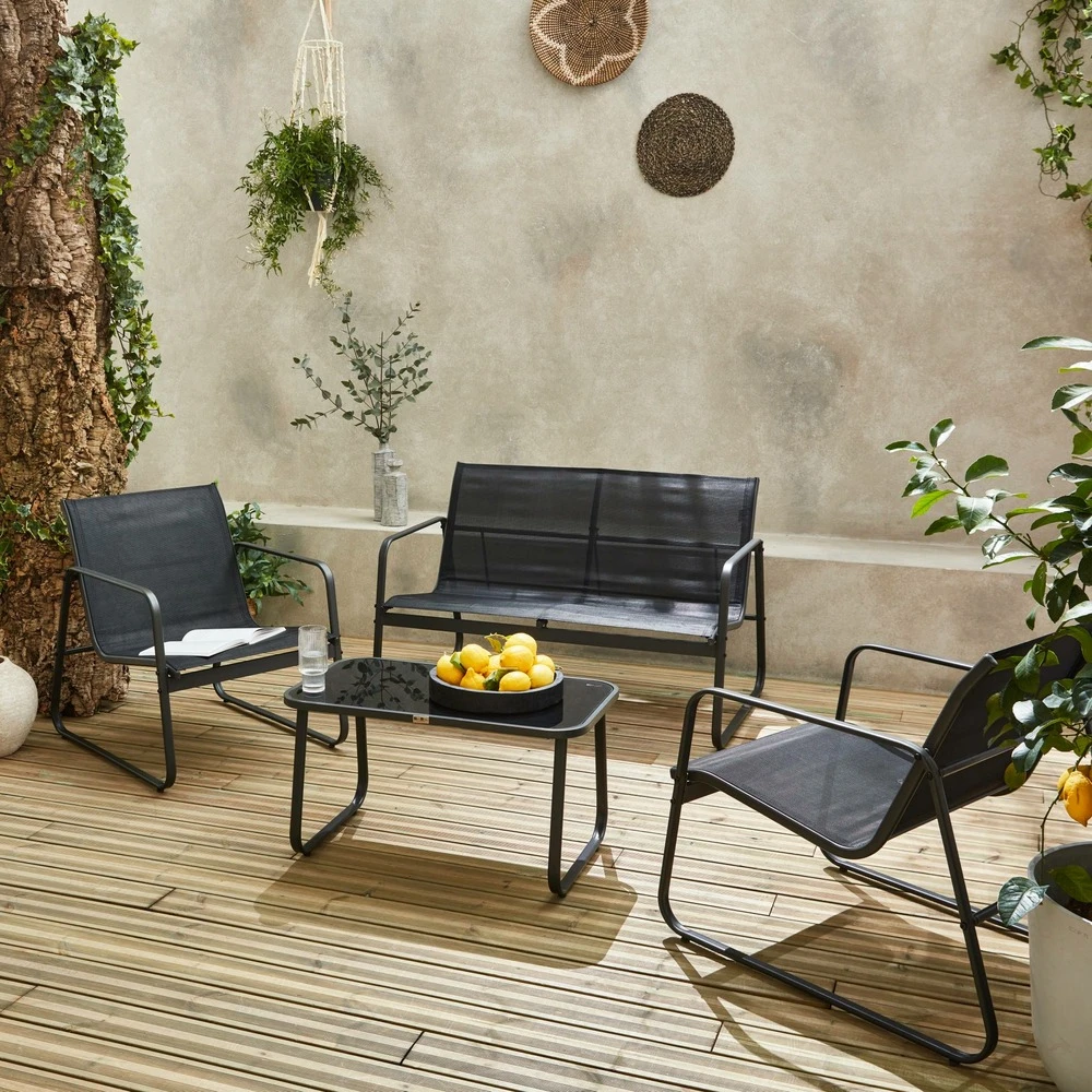 Salon De Jardin En Métal Et Textilène Pour 4 Personnes. Gris Foncé Et Noir. Design 3 Salon De Jardin En Métal Et Textilène Pour 4 Personnes. Gris Foncé Et Noir. Design – Image 3