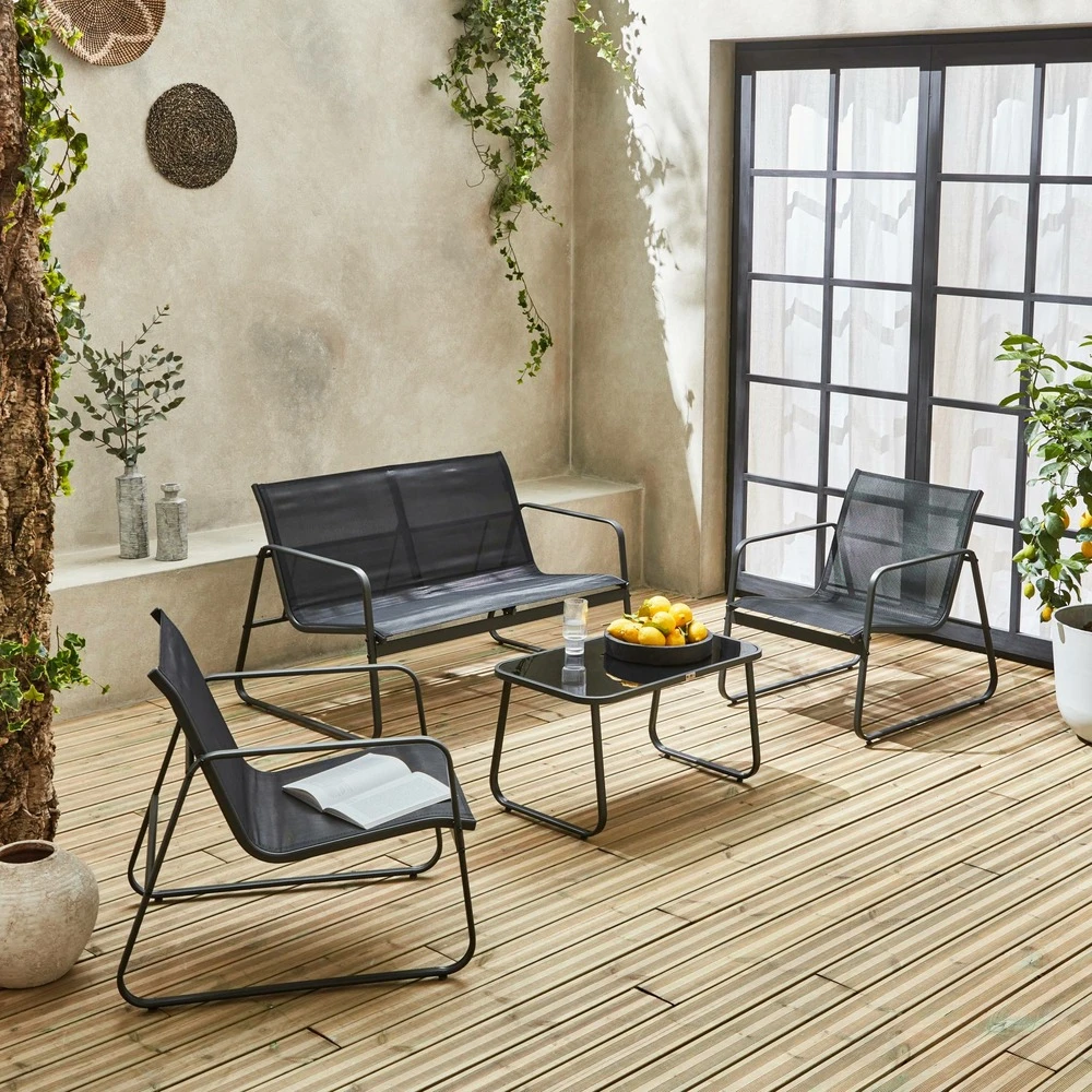 Salon De Jardin En Métal Et Textilène Pour 4 Personnes. Gris Foncé Et Noir. Design 2 Salon De Jardin En Métal Et Textilène Pour 4 Personnes. Gris Foncé Et Noir. Design – Image 2