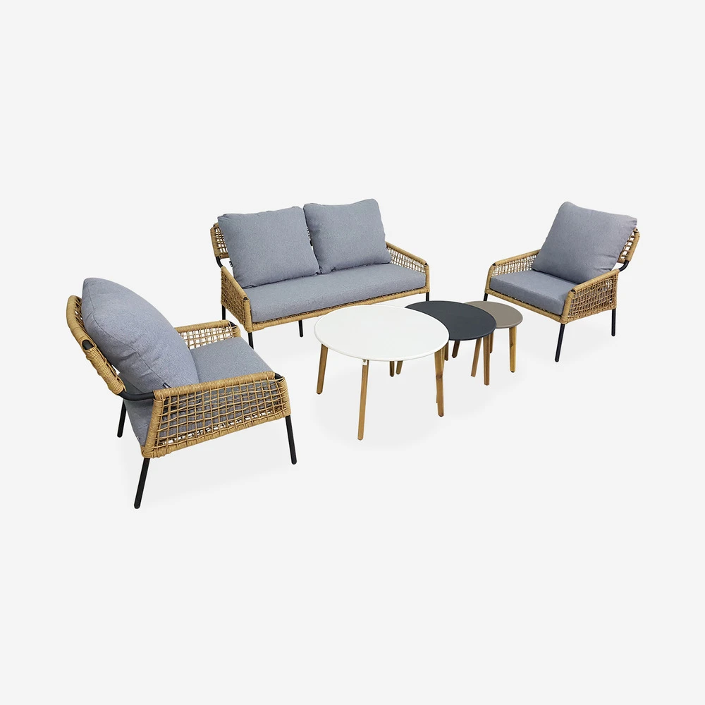 Salon De Jardin Bas 4 Places Komodo – Ensemble Canapé 2 Places Et 2 Fauteuils Avec 3 Tables Gigognes. Résine Tressée Effet Rotin. 1 Salon De Jardin Bas 4 Places Komodo – Ensemble Canapé 2 Places Et 2 Fauteuils Avec 3 Tables Gigognes. Résine Tressée Effet Rotin.