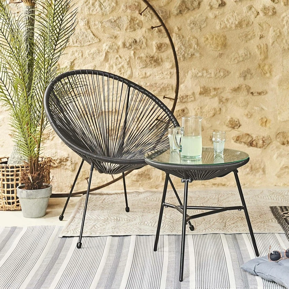 Fauteuil Acapulco Forme D'oeuf - Noir - Fauteuil 4 Pieds Design Rétro. Cordage Plastique. Intérieur / Extérieur 7 Fauteuil Acapulco Forme D'oeuf - Noir - Fauteuil 4 Pieds Design Rétro. Cordage Plastique. Intérieur / Extérieur – Image 7