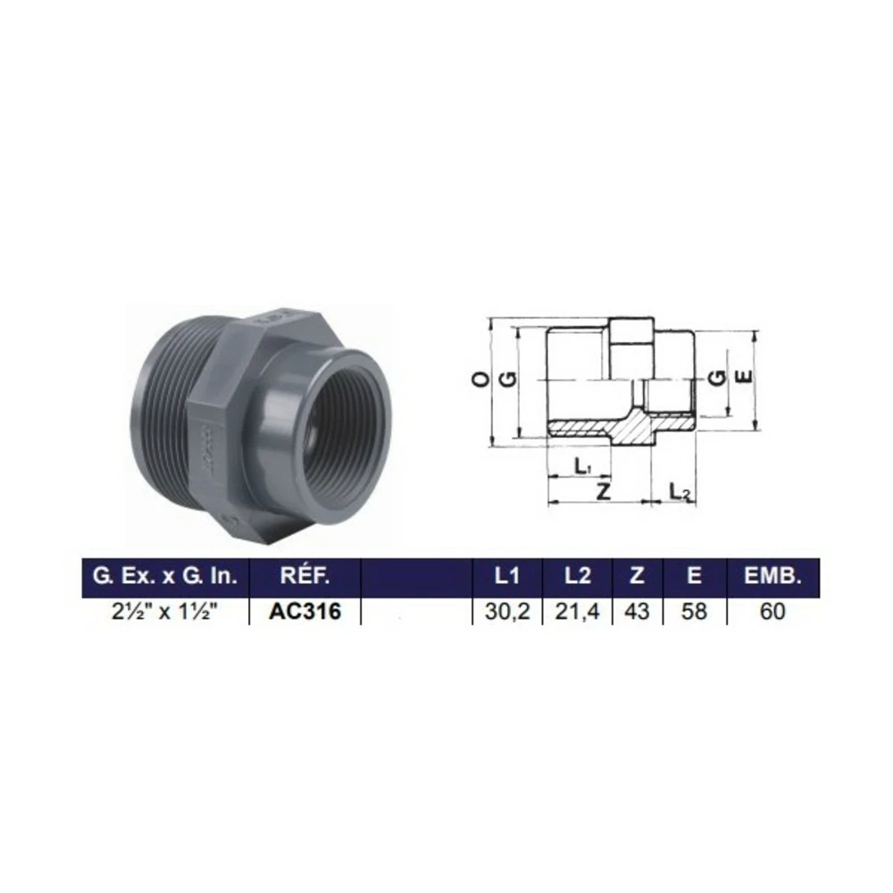 Douille Filet Extérieur Filet Intérieur 2"1/2 X 1"1/2 1 Douille Filet Extérieur Filet Intérieur 2"1/2 X 1"1/2