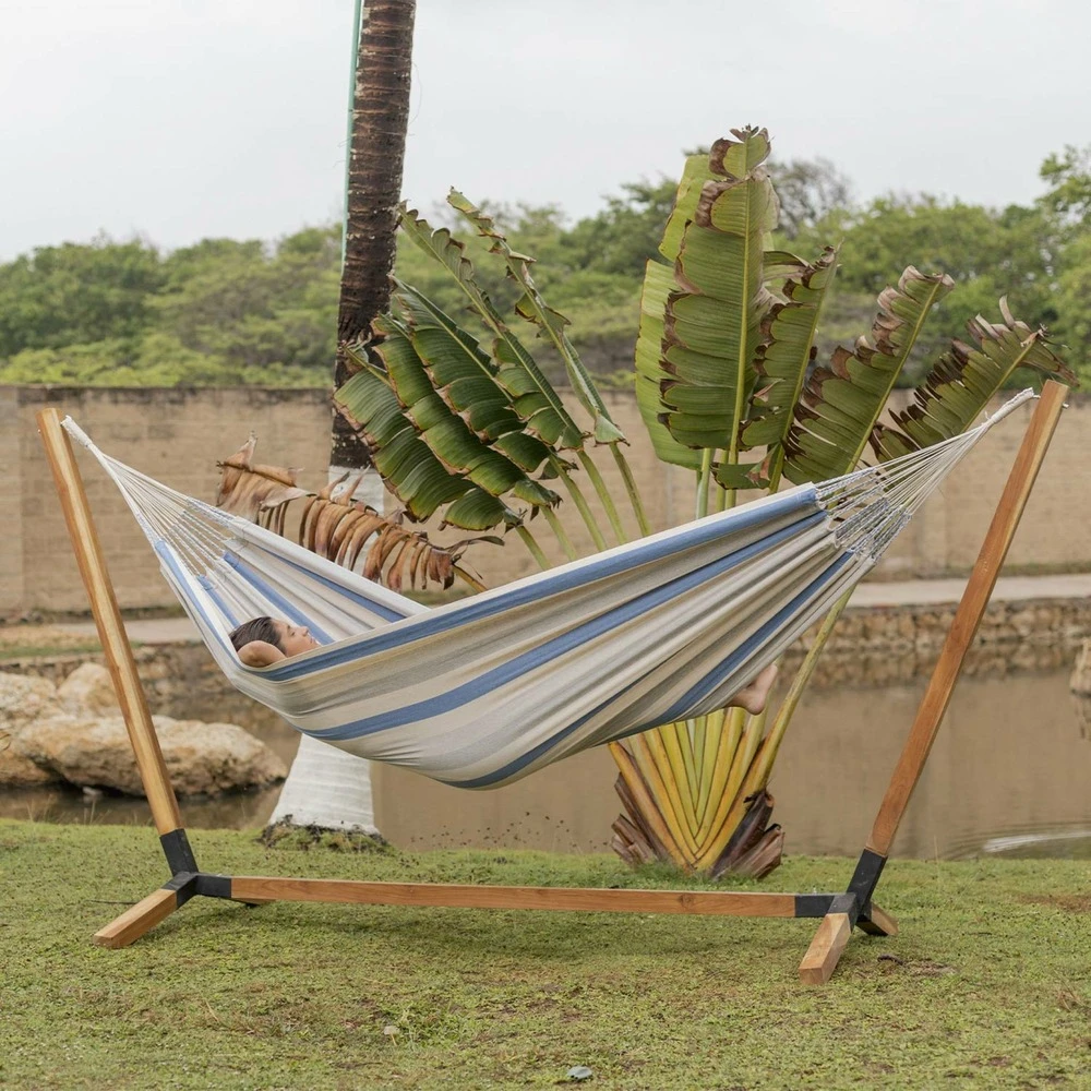Toile De Hamac Rayée - Bleu Turquoise / Gris Clair / écru. 1 Personne. 100% Polycoton. 220x140cm 2 Toile De Hamac Rayée - Bleu Turquoise / Gris Clair / écru. 1 Personne. 100% Polycoton. 220x140cm – Image 2
