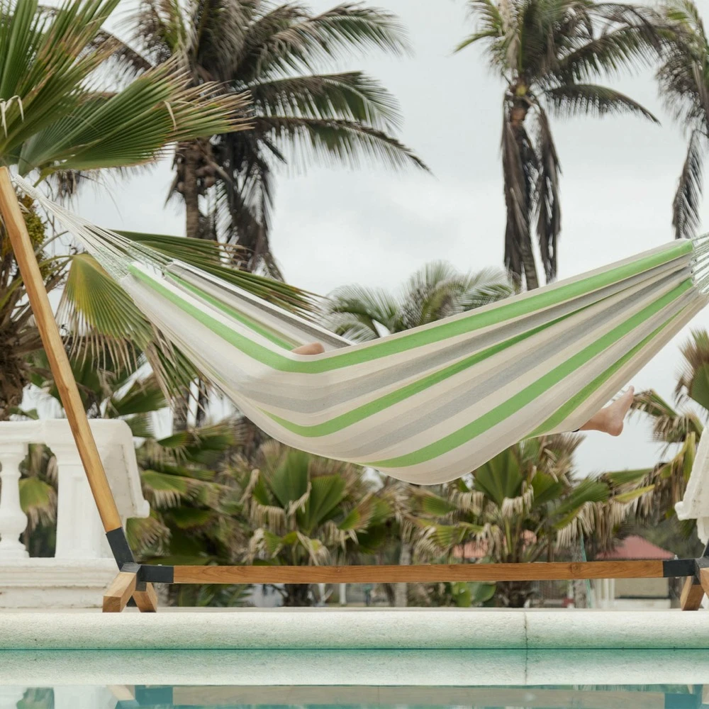 Toile De Hamac Rayée - Citron Vert / Gris Clair / écru. 1 Personne. 100% Polycoton. 220x140cm 2 Toile De Hamac Rayée - Citron Vert / Gris Clair / écru. 1 Personne. 100% Polycoton. 220x140cm – Image 2