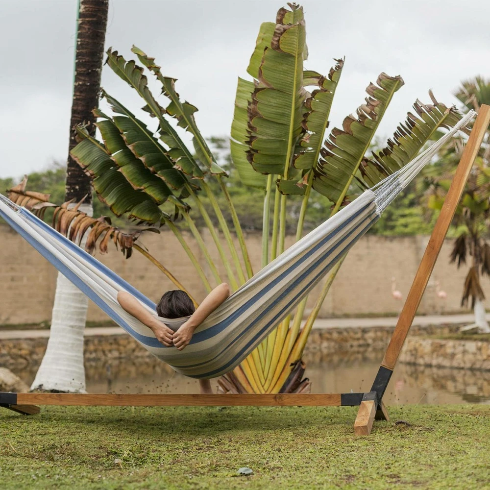 Toile De Hamac Rayée - Bleu Turquoise / Gris Clair / écru. 1 Personne. 100% Polycoton. 240x160cm 2 Toile De Hamac Rayée - Bleu Turquoise / Gris Clair / écru. 1 Personne. 100% Polycoton. 240x160cm – Image 2