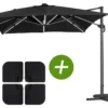 Parasol Jardin Déporté Led Alu "sun 3 Luxe" - Carré - 3 X 3 M - Coloris Noir - Dalles Lestées Incluses