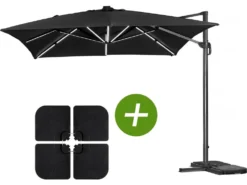 Parasol Jardin Déporté Led Alu "sun 3 Luxe" - Carré - 3 X 3 M - Coloris Noir - Dalles Lestées Incluses