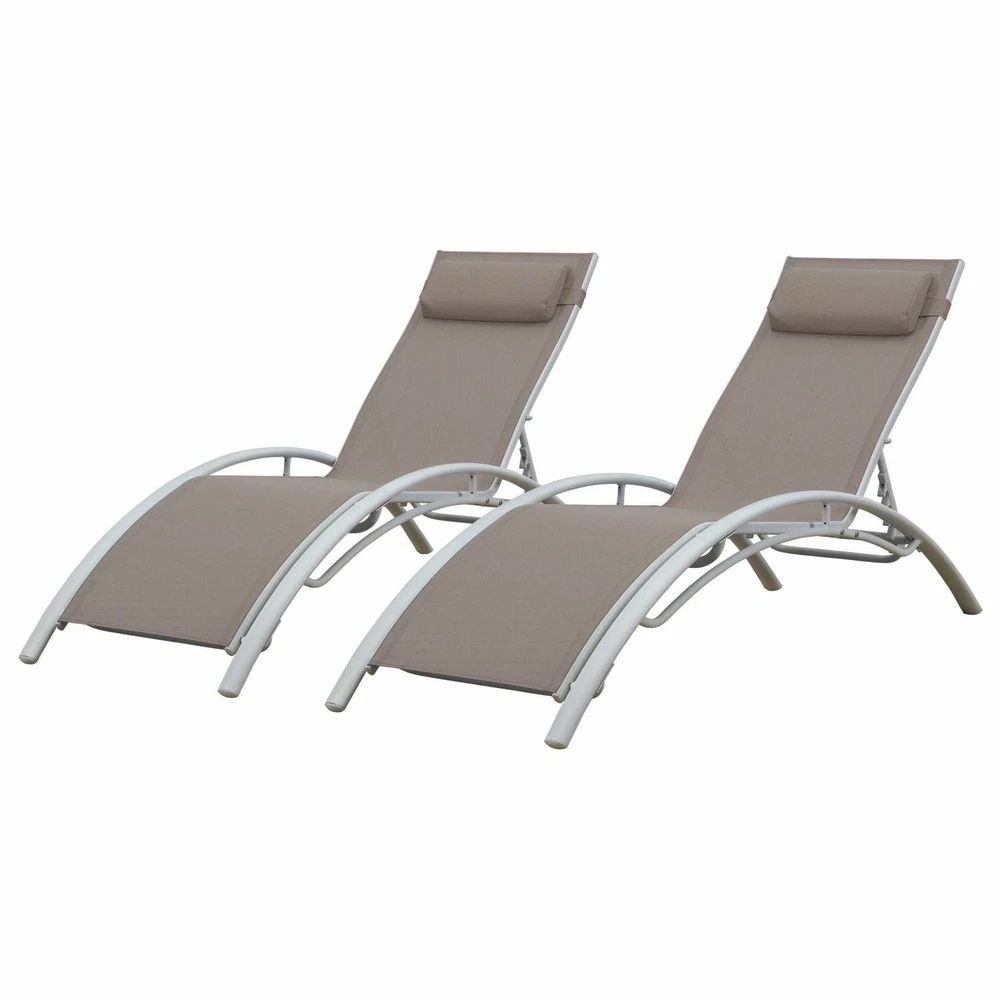 Baisao - Bain De Soleil Courbé Textilène Aluminium - Inclinable - Coussin De Tête - Léger Et Confortable - Taupe/blanc - X2 1 Baisao - Bain De Soleil Courbé Textilène Aluminium - Inclinable - Coussin De Tête - Léger Et Confortable - Taupe/blanc - X2