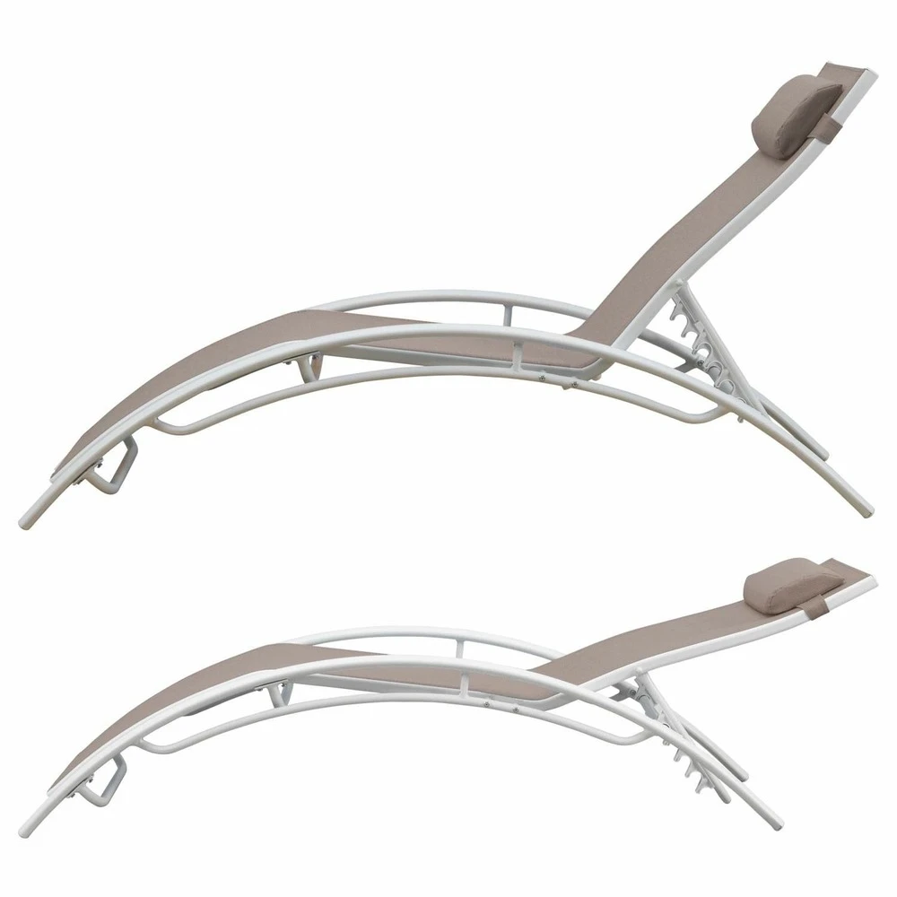 Baisao - Bain De Soleil Courbé Textilène Aluminium - Inclinable - Coussin De Tête - Léger Et Confortable - Taupe/blanc - X2 2 Baisao - Bain De Soleil Courbé Textilène Aluminium - Inclinable - Coussin De Tête - Léger Et Confortable - Taupe/blanc - X2 – Image 2