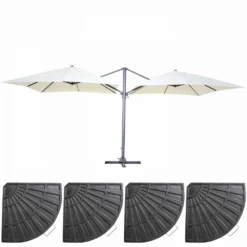Double Parasol Déporté 3m Et 4 Dalles Lestées Aluminium Blanc