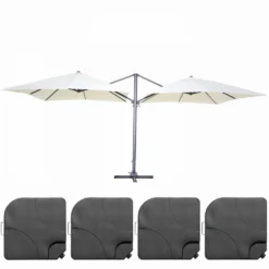 Double Parasol Déporté 3m Et 4 Dalles à Remplir Aluminium Blanc