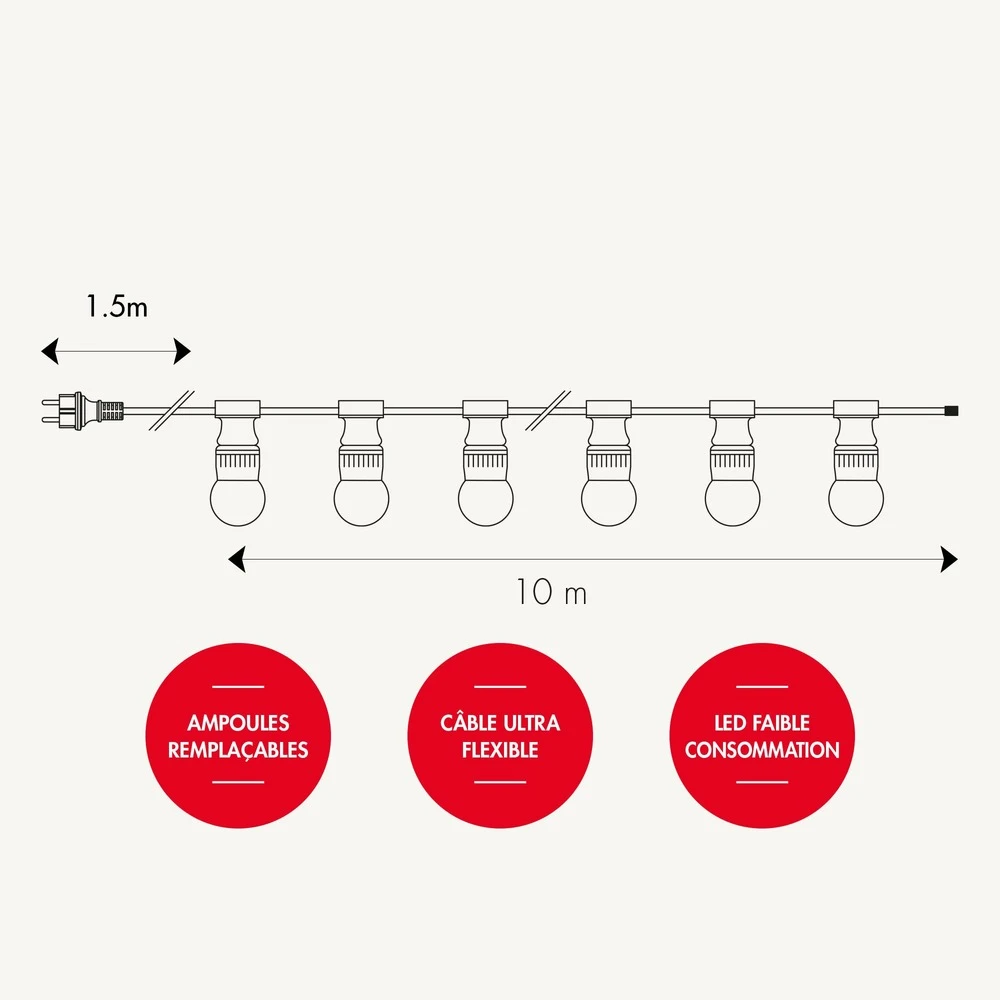 Guirlande Guinguette B22 Blanc Chaud - 10m - 10 Ampoules Interchangeables - Ip44 - Chromex 2 Guirlande Guinguette B22 Blanc Chaud - 10m - 10 Ampoules Interchangeables - Ip44 - Chromex – Image 2