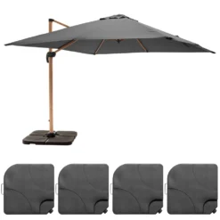 Parasol Déporté 3x3m Et 4 Dalles à Remplir Effet Bois Gris
