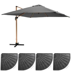 Parasol Déporté 3x3m Et 4 Dalles Lestées Effet Bois Gris