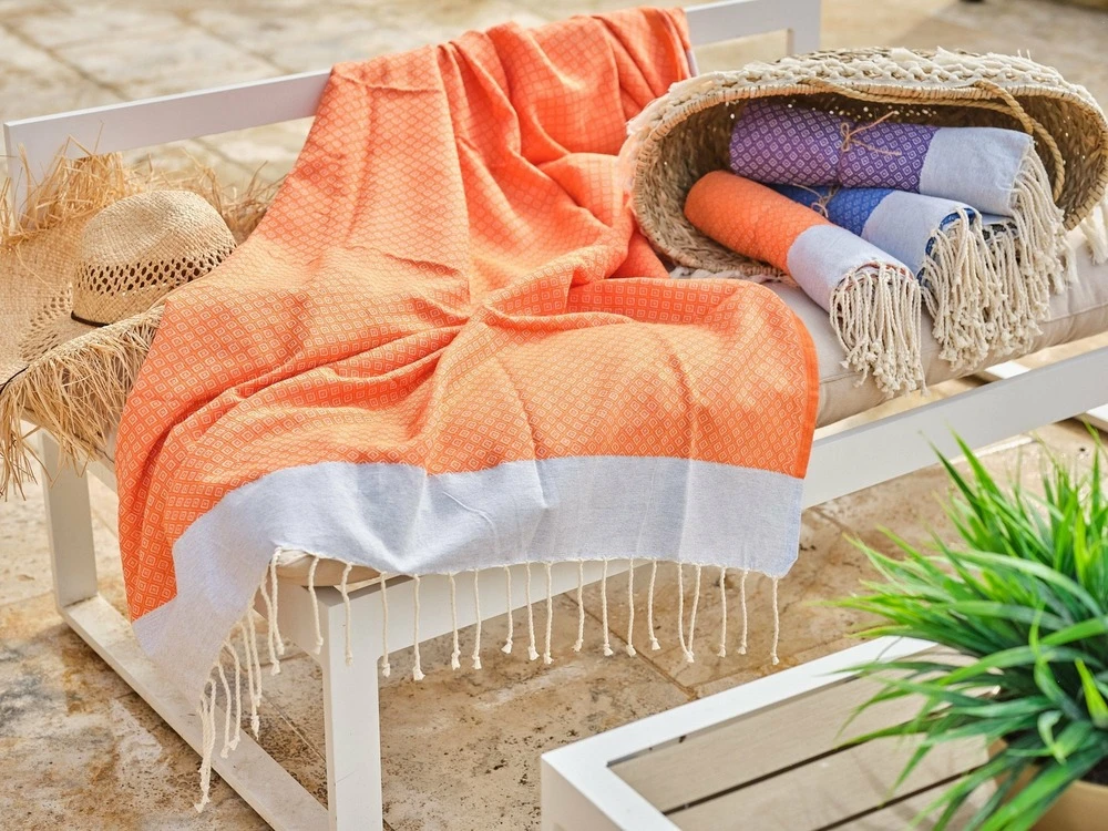 Fouta En Coton Petit Losange 100x200cm Orange 2 Fouta En Coton Petit Losange 100x200cm Orange – Image 2