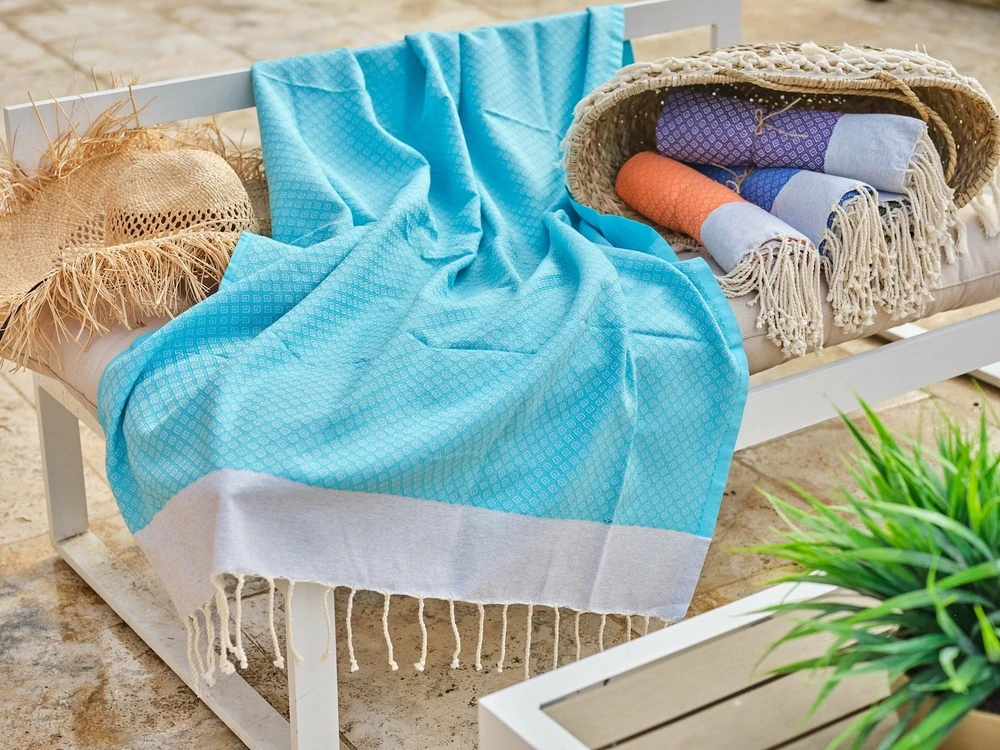 Fouta En Coton Petit Losange 100x200cm Turquoise 2 Fouta En Coton Petit Losange 100x200cm Turquoise – Image 2
