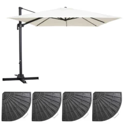 Parasol Déporté 3x3m Et 4 Dalles Lestées Aluminium Blanc