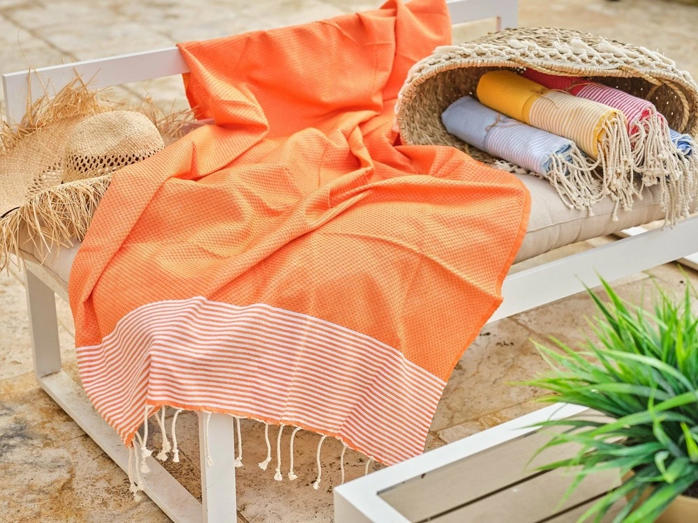 Fouta En Coton Tissage Nid D'abeille Ziwane 100x200cm Orange 2 Fouta En Coton Tissage Nid D'abeille Ziwane 100x200cm Orange – Image 2