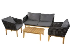 Salon De Jardin MAYA En Bois Noir - 1 Canapé, 1 Table, 2 Fauteuils