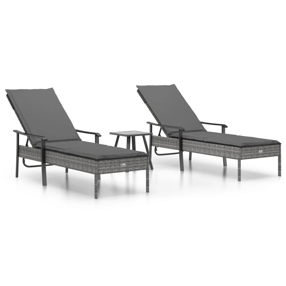 VIDAXL Chaises Longues 2pcs Avec Table Et Coussins Gris Résine Tressée 1 VIDAXL Chaises Longues 2pcs Avec Table Et Coussins Gris Résine Tressée