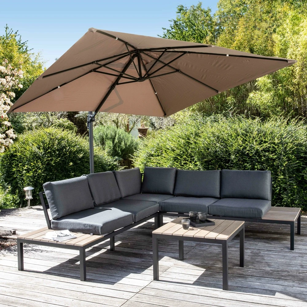 Parasol Déporté 3x3m Et 4 Dalles à Remplir Aluminium Taupe 2 Parasol Déporté 3x3m Et 4 Dalles à Remplir Aluminium Taupe – Image 2